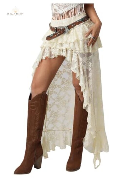 Dresses & Skirts - Boho Lace Asymmetrical Maxi Skirt Western Cowgirl Drop Waist